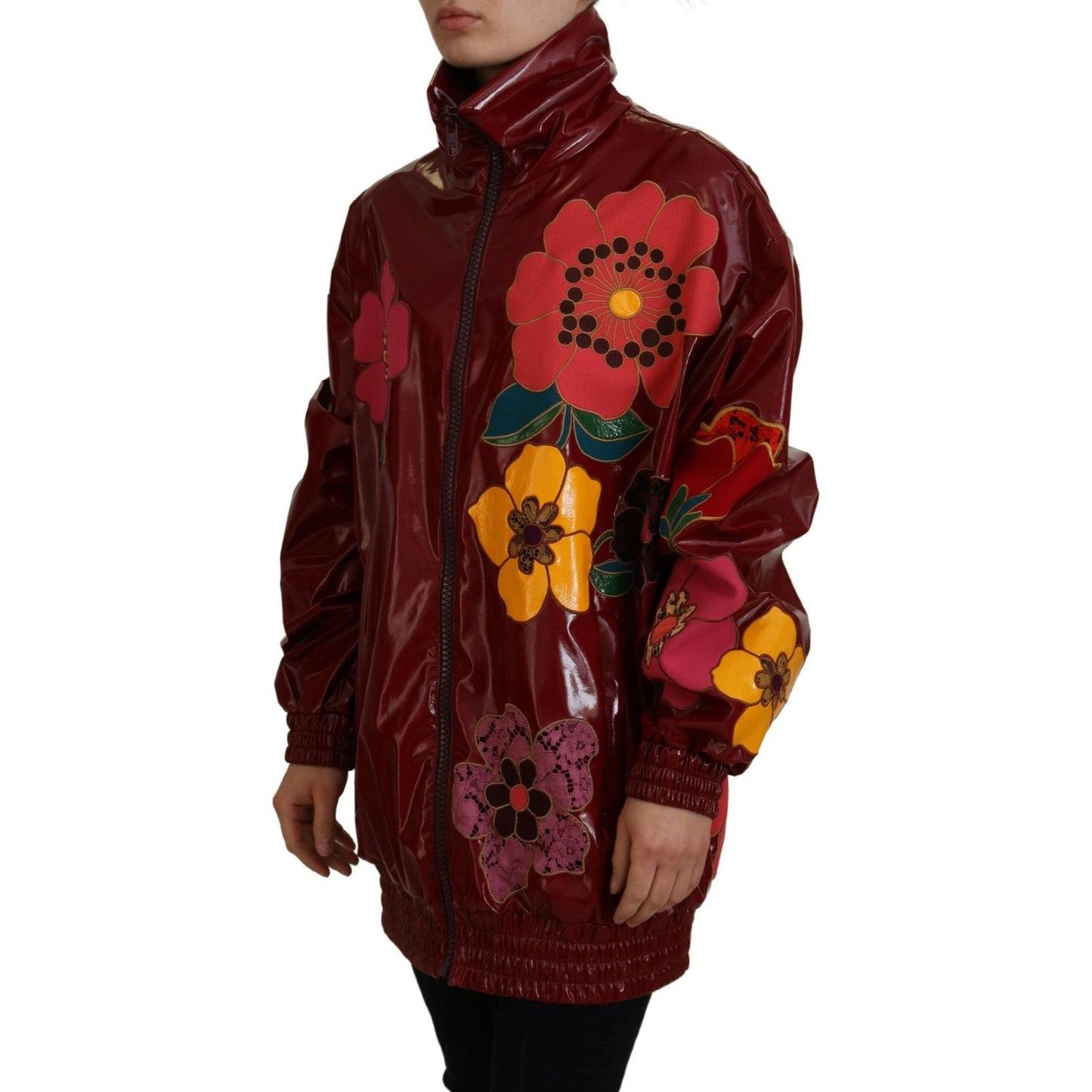 Dolce & Gabbana Maroon Floral Full Zip Polyester Women Jacket