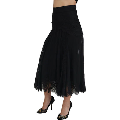 Dolce & Gabbana Black Silk Lace Trim High Waist Midi Skirt