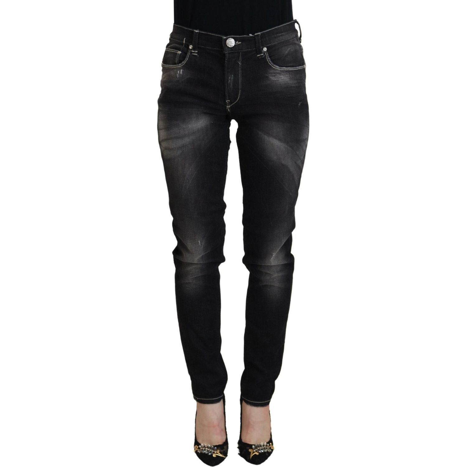 Acht Black Washed Mid Waist Tapered Women Casual Denim Jeans