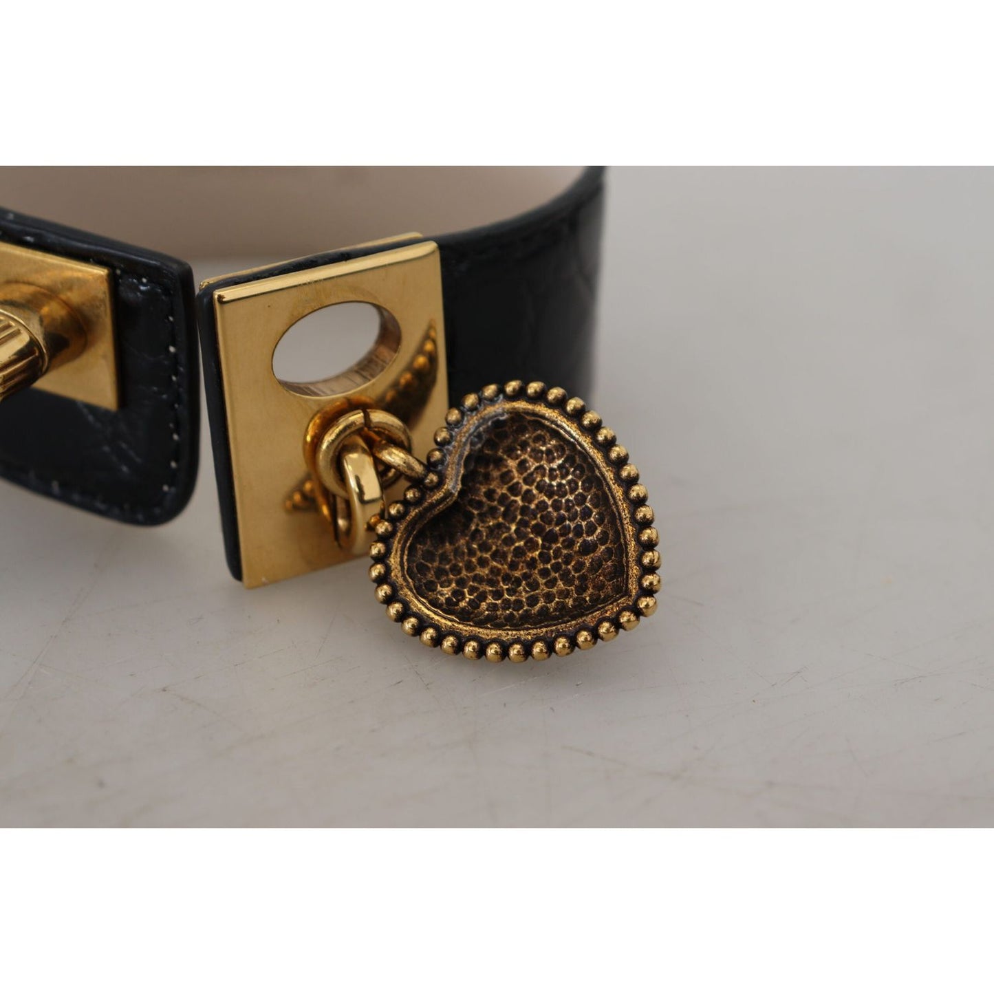 Dolce & Gabbana Black Dauphine Leather DG Heart Key Ring Bracelet Bracelet