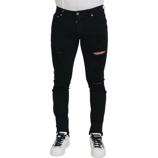 Dolce & Gabbana Black Slim Fit Tattered Denim Cotton Jeans