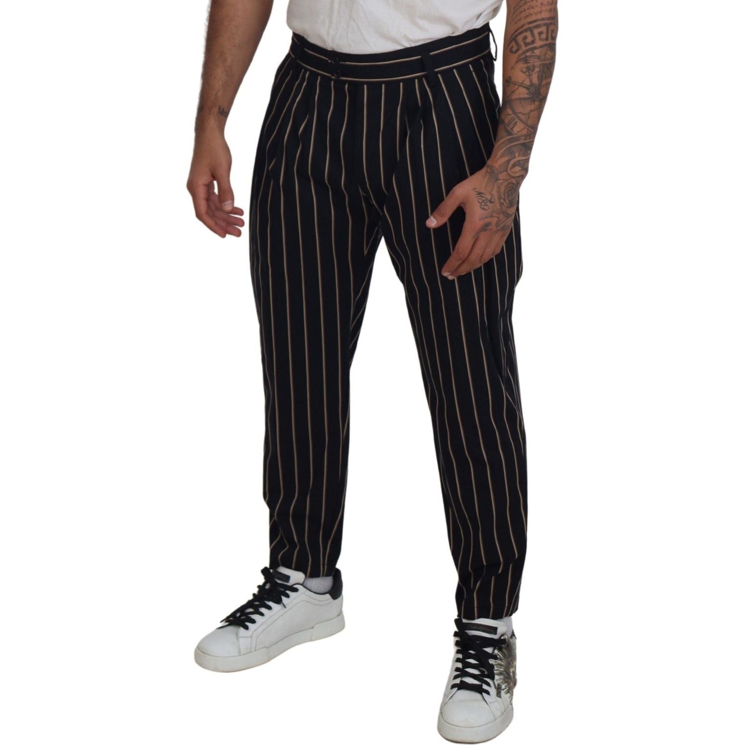Dolce & Gabbana Black Beige Striped Cotton Stretch Pants