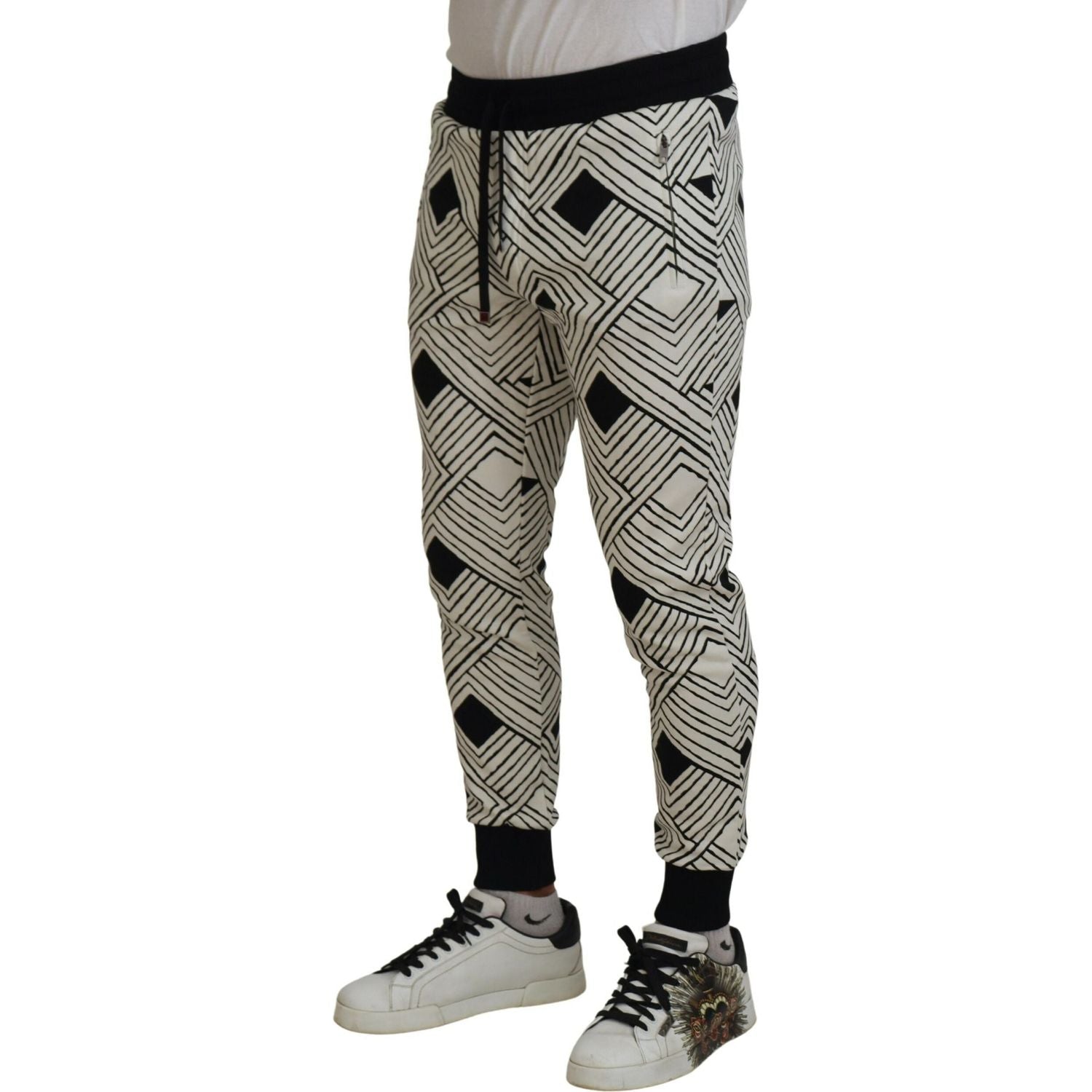 Dolce & Gabbana Black White Cotton Trousers Sport Pants