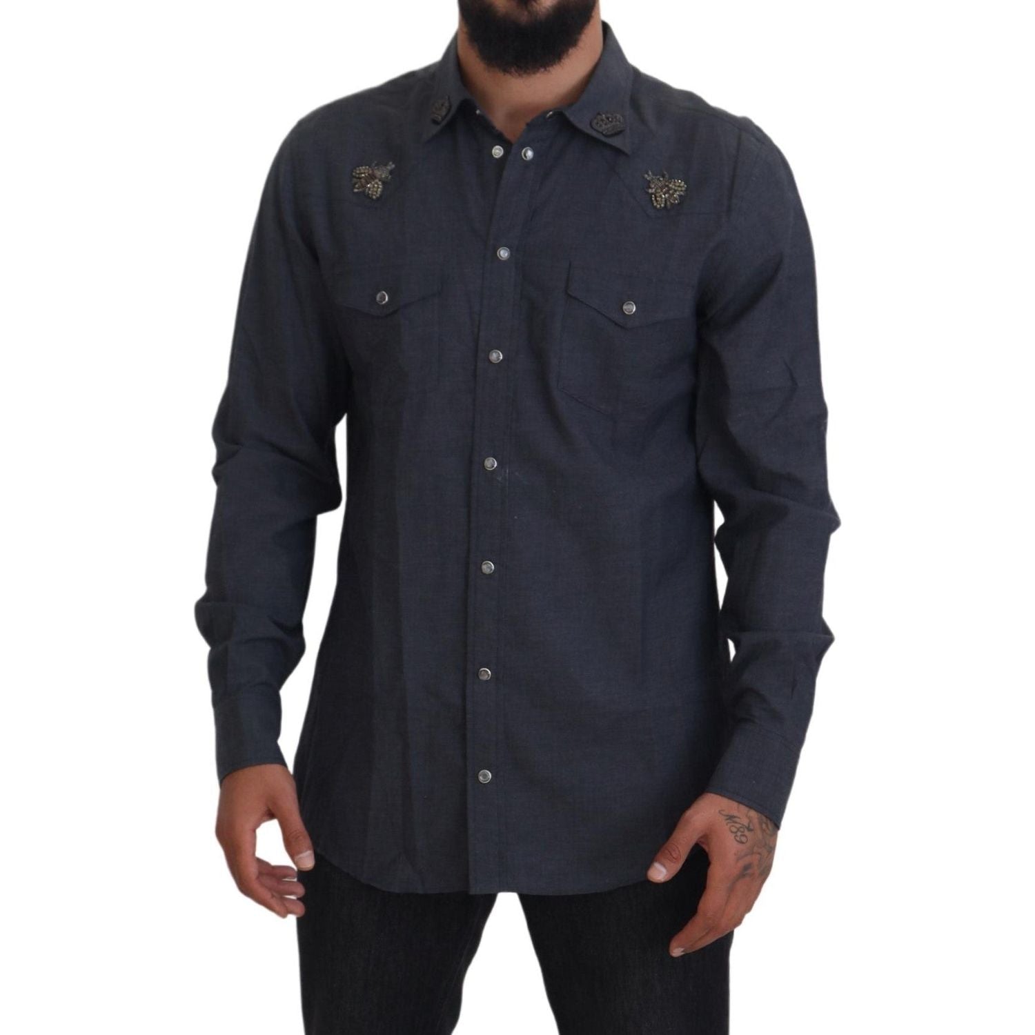 Dolce & Gabbana Blue Cotton Denim Crystal Bee Shirt