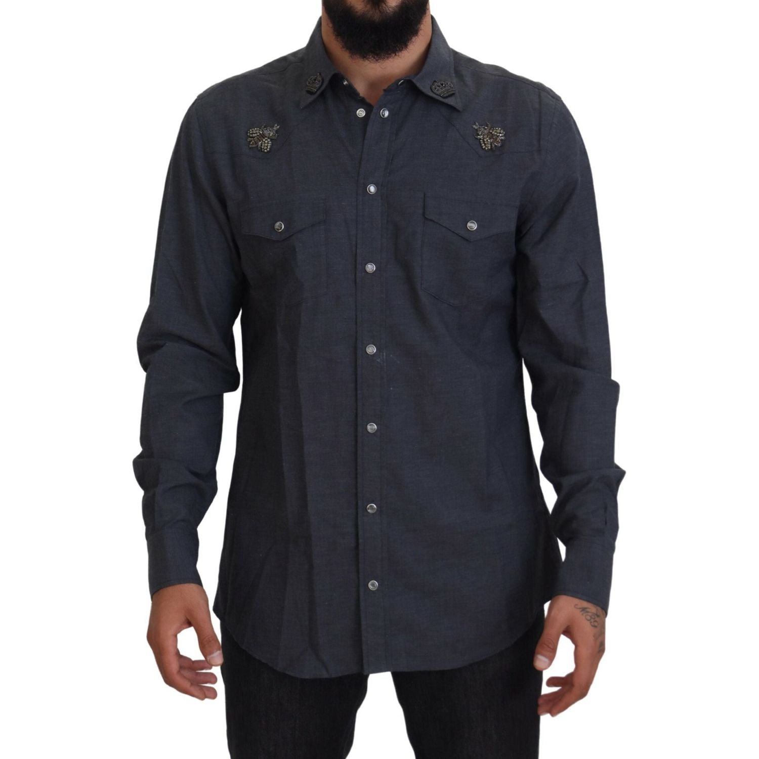 Dolce & Gabbana Blue Cotton Denim Crystal Bee Shirt