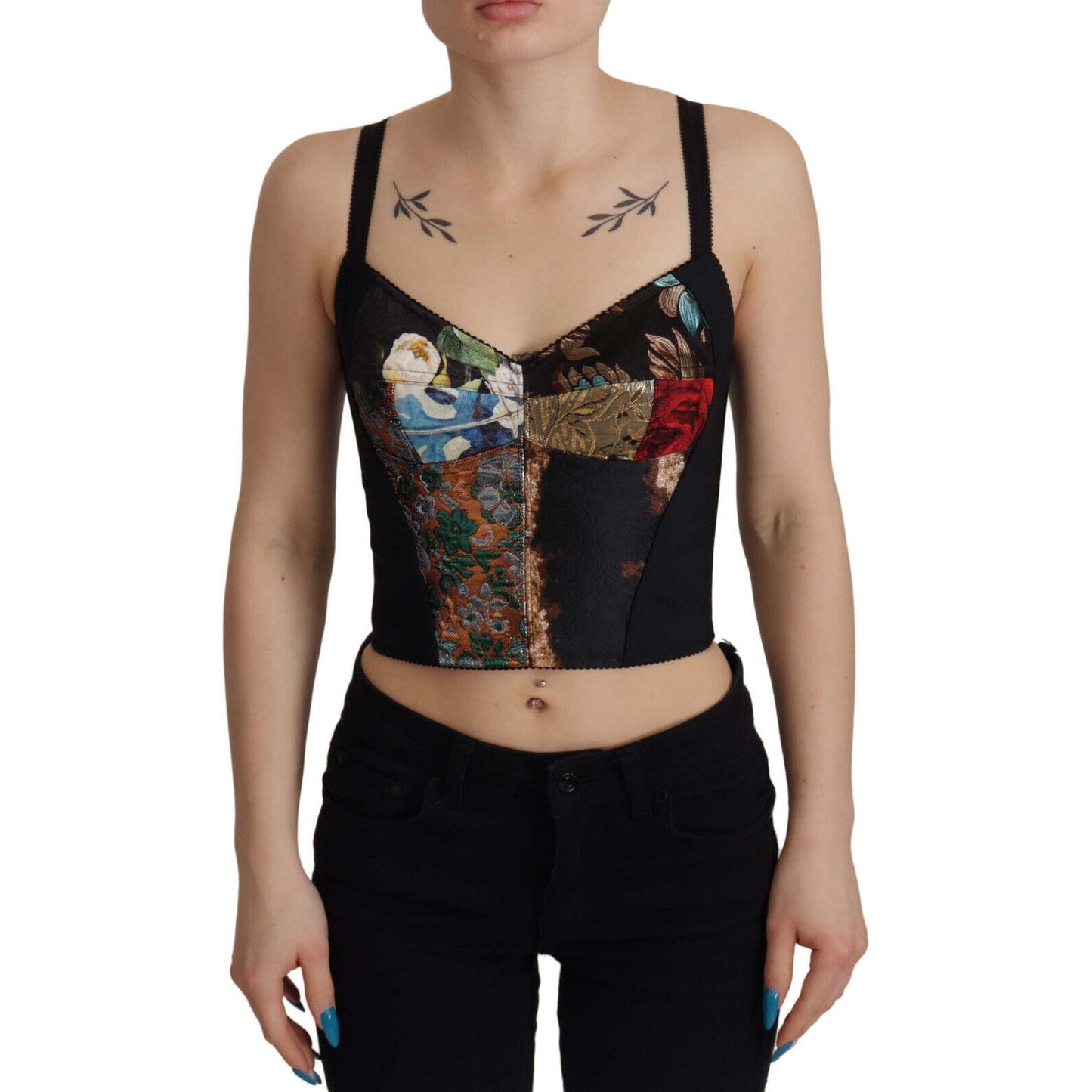 Dolce & Gabbana Black Patchwork Sicily Blouse Corset Cropped Top