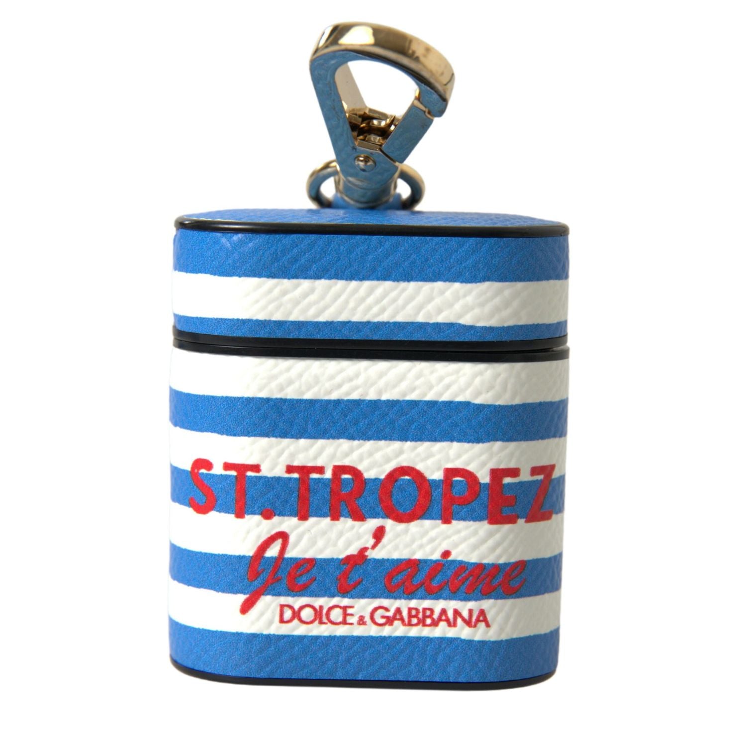 Dolce & Gabbana Blue Stripe Dauphine Leather Logo Print Airpod Case