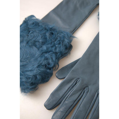 Dolce & Gabbana Blue Leather Fur Mid Arm Length Gloves