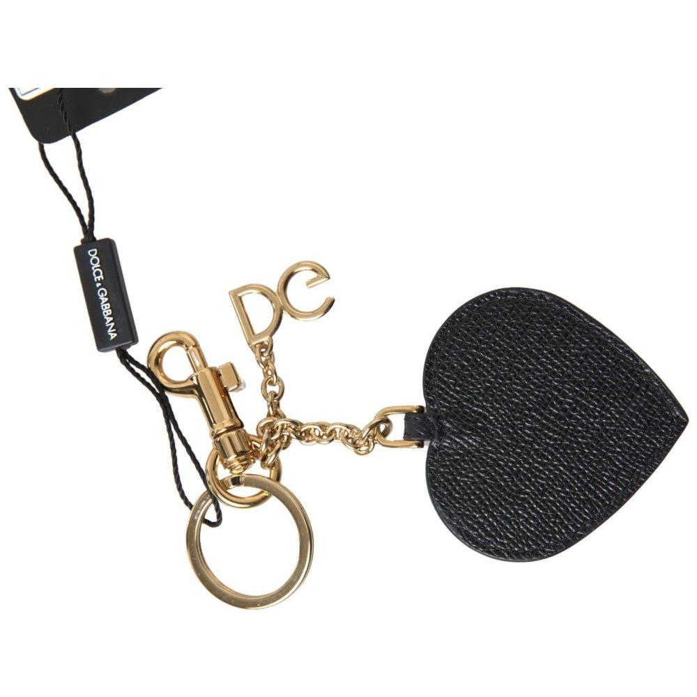 Dolce & Gabbana Black Fuchsia Heart Leather Gold Metal Keyring Keychain
