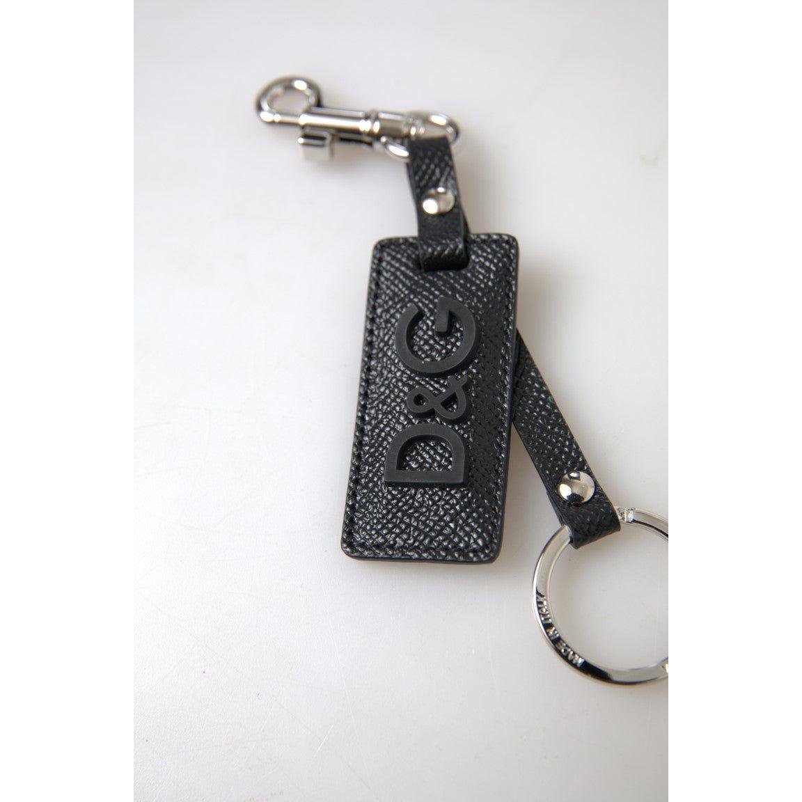 Dolce & Gabbana Black DG Logo Leather Silver Metal Keychain