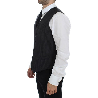 Dolce & Gabbana Gray Striped Wool Single Breasted Vest