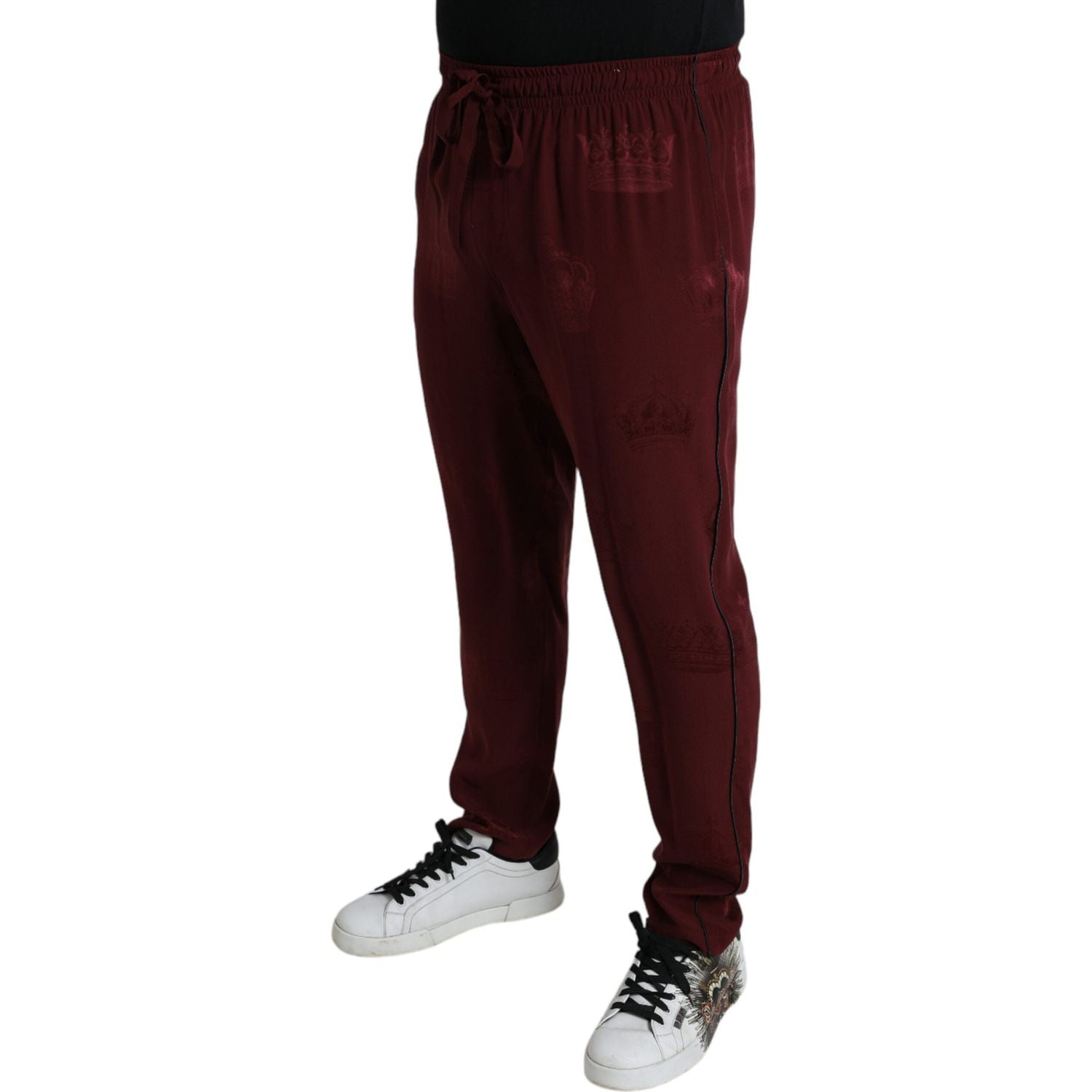 Dolce & Gabbana Maroon Crown Pattern Silk Pajama Pants