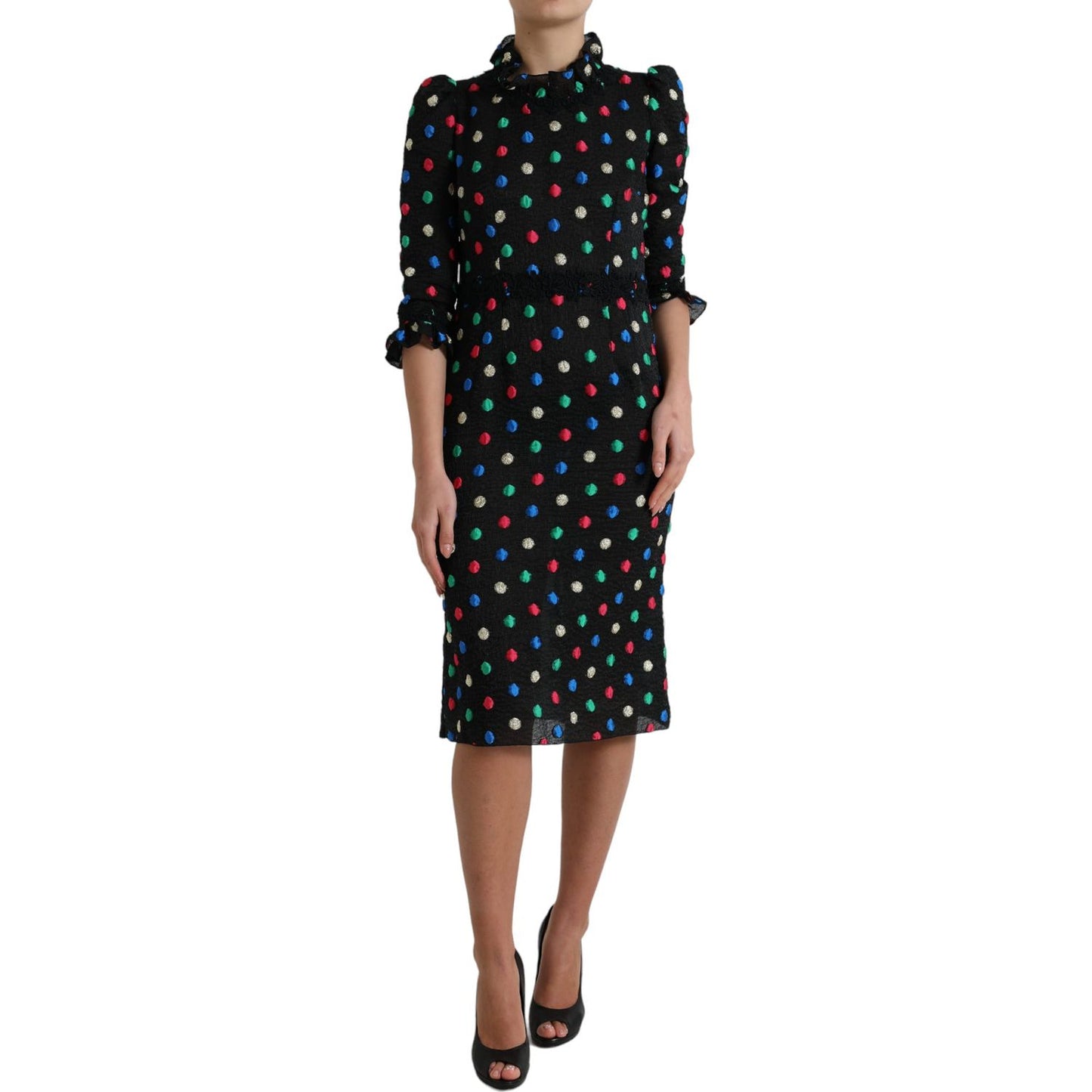 Dolce & Gabbana Black Polka Dot Ruffle Cotton Midi Dress