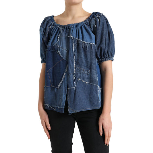 Dolce & Gabbana Blue Patchwork Short Sleeves Denim Blouse Top