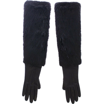 Dolce & Gabbana Black Beaver Fur Lambskin Leather Elbow Gloves