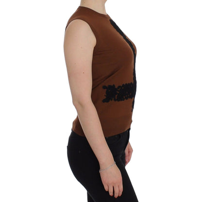 Dolce & Gabbana Brown Wool Black Lace Vest Sweater Top