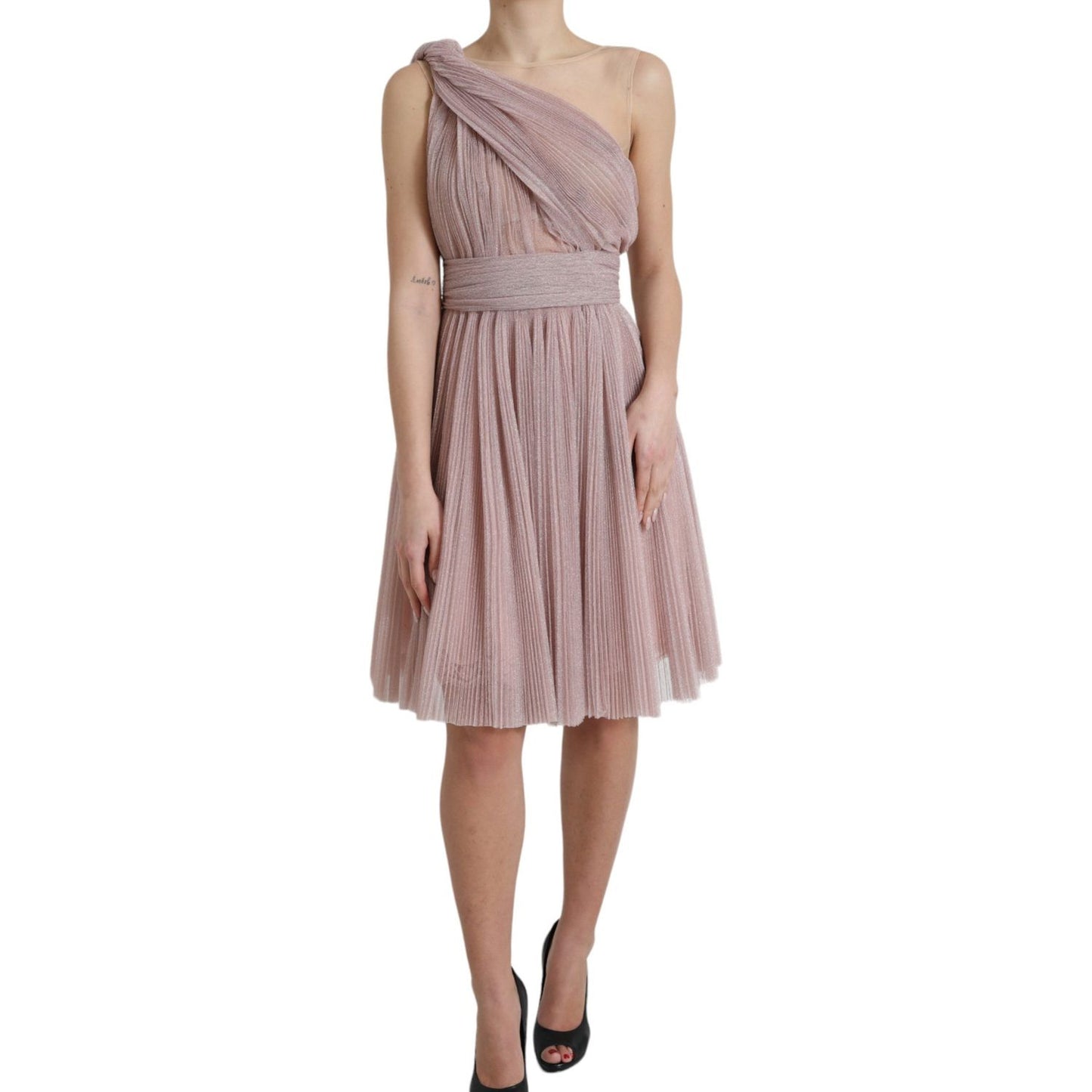 Dolce & Gabbana Pink One Shoulder Pleated Lame Tulle Dress