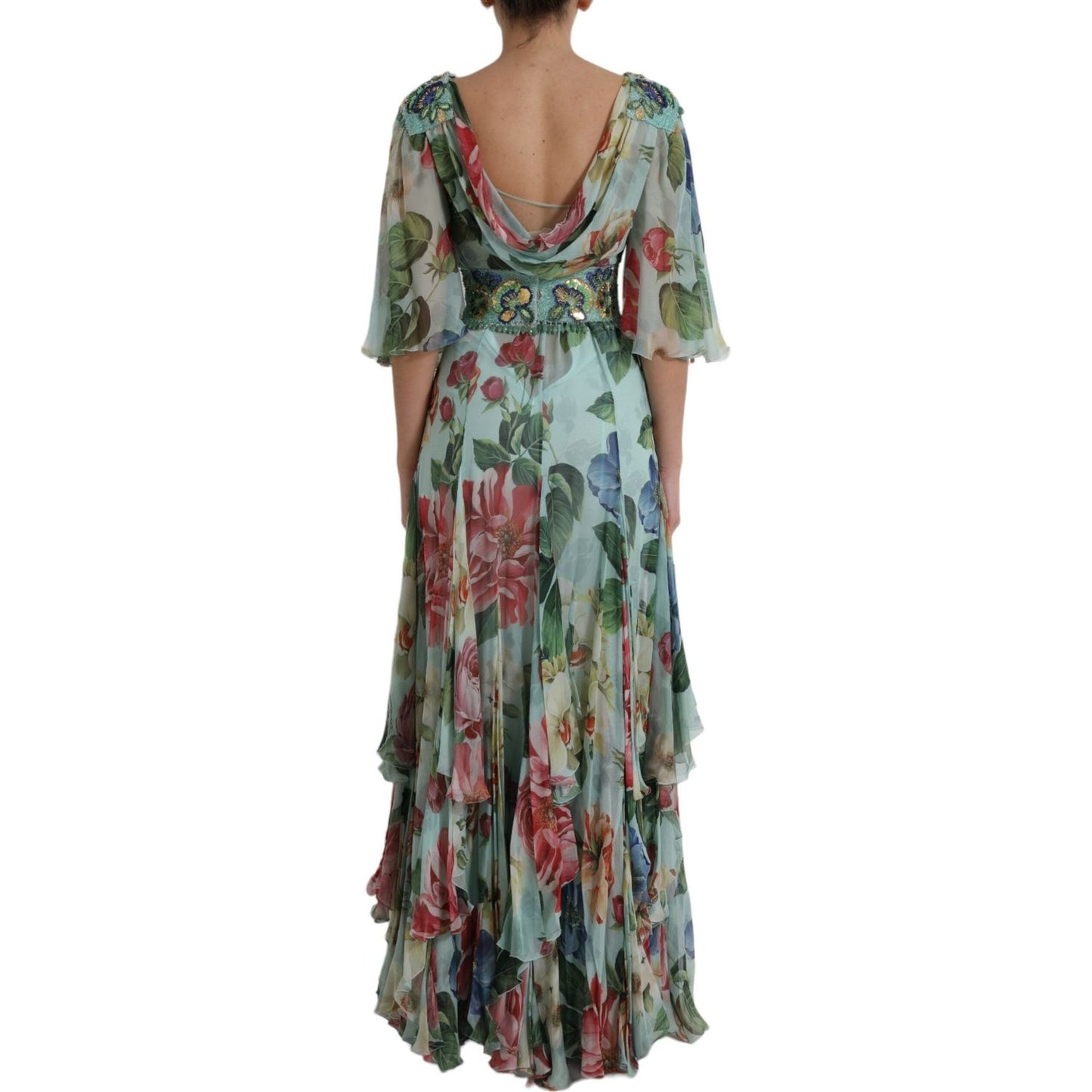 Dolce & Gabbana Blue Floral Print Tiered Long Maxi Dress
