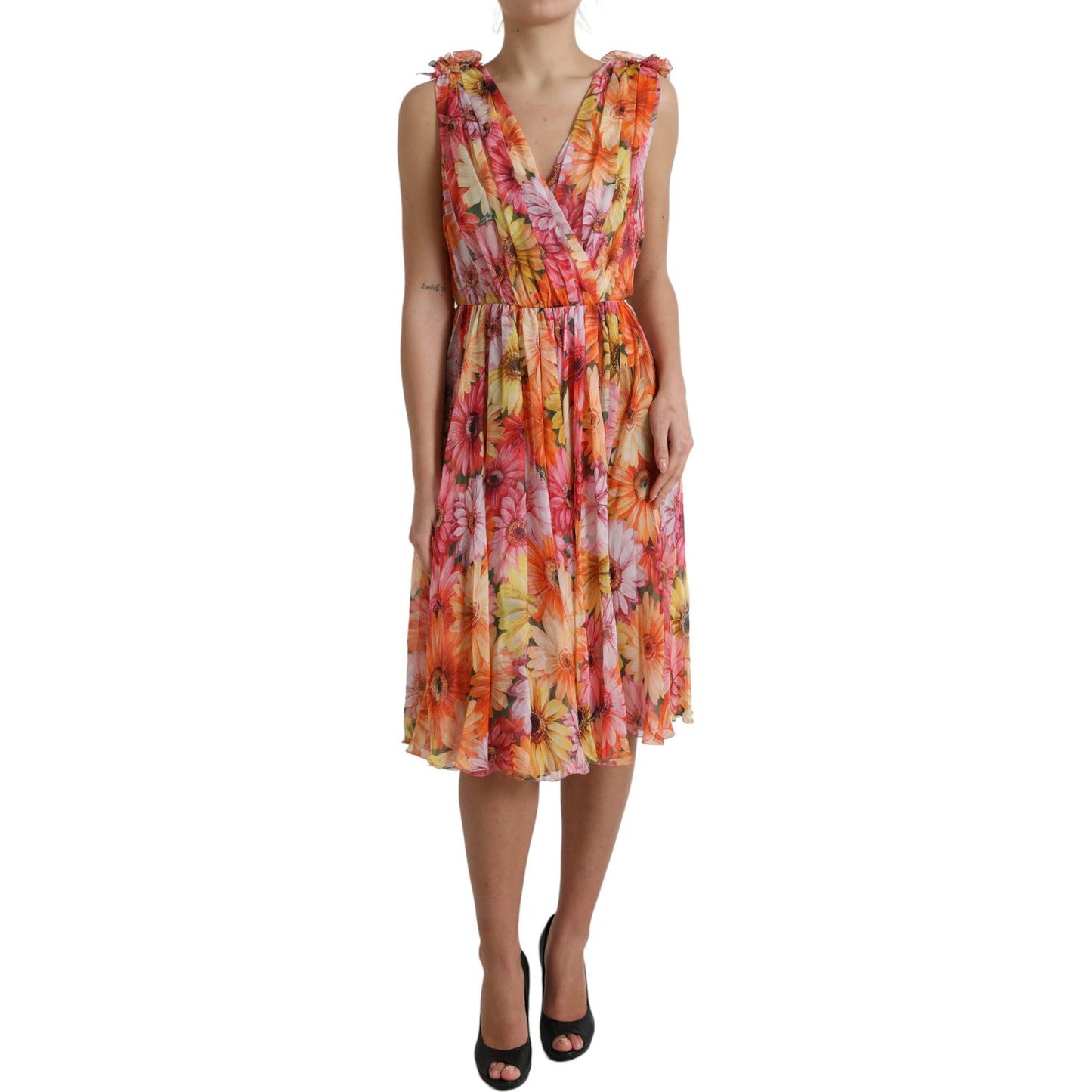 Dolce & Gabbana Multicolor Sunflower Print Silk Midi Dress