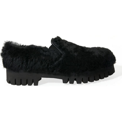 Dolce & Gabbana Black Fur Leather Slippers Dress Shoes