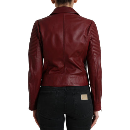 Dolce & Gabbana Bordeaux Leather Biker Coat Lambskin Jacket