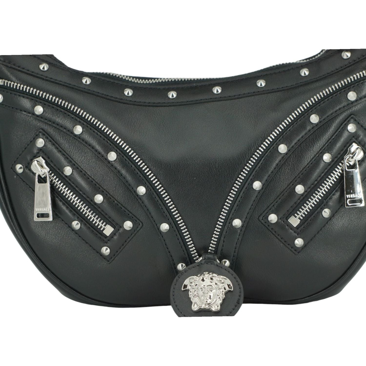 Versace Elegant Black Leather Hobo Shoulder Bag