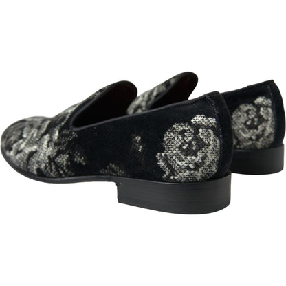 Dolce & Gabbana Black Floral Slippers Men Loafers Dress Shoes