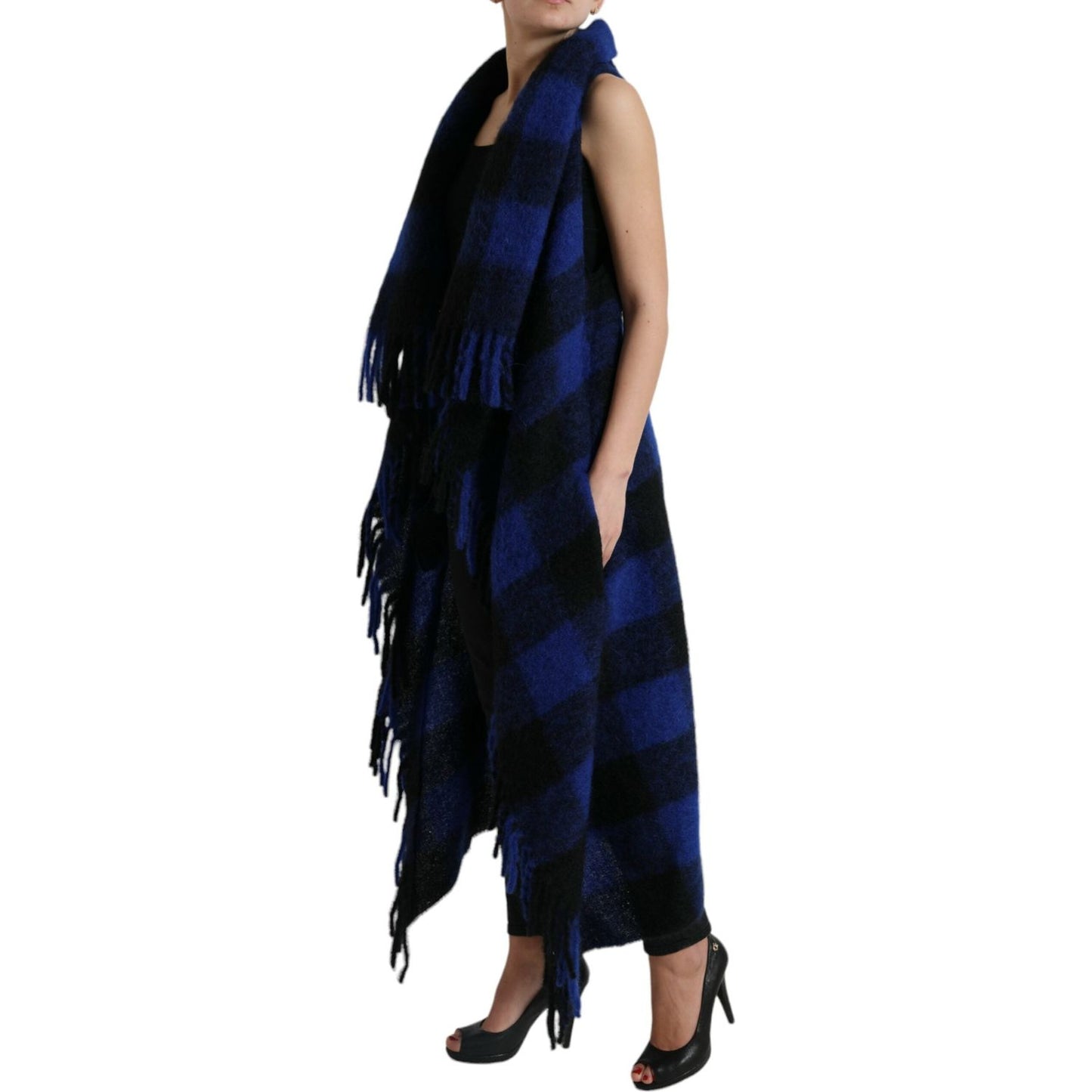 Dolce & Gabbana Black Blue Buffalo Check Poncho Coat Sweater