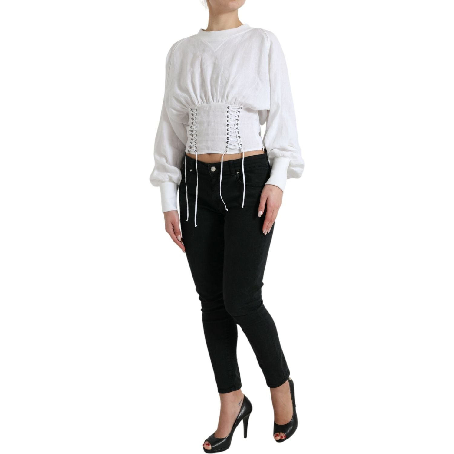 Dolce & Gabbana White Cotton Corset Cropped Long Sleeves Topclothing
