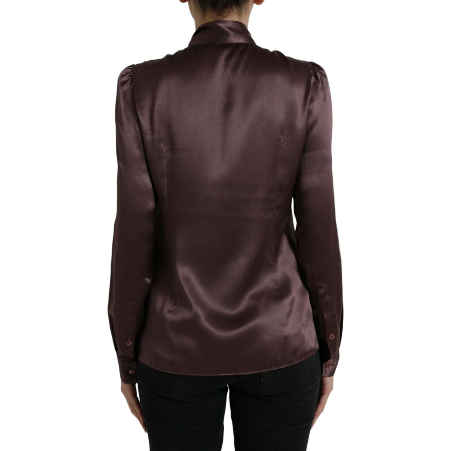 Dolce & Gabbana Brown Silk Ascot Collar Long Sleeve Blouse Top