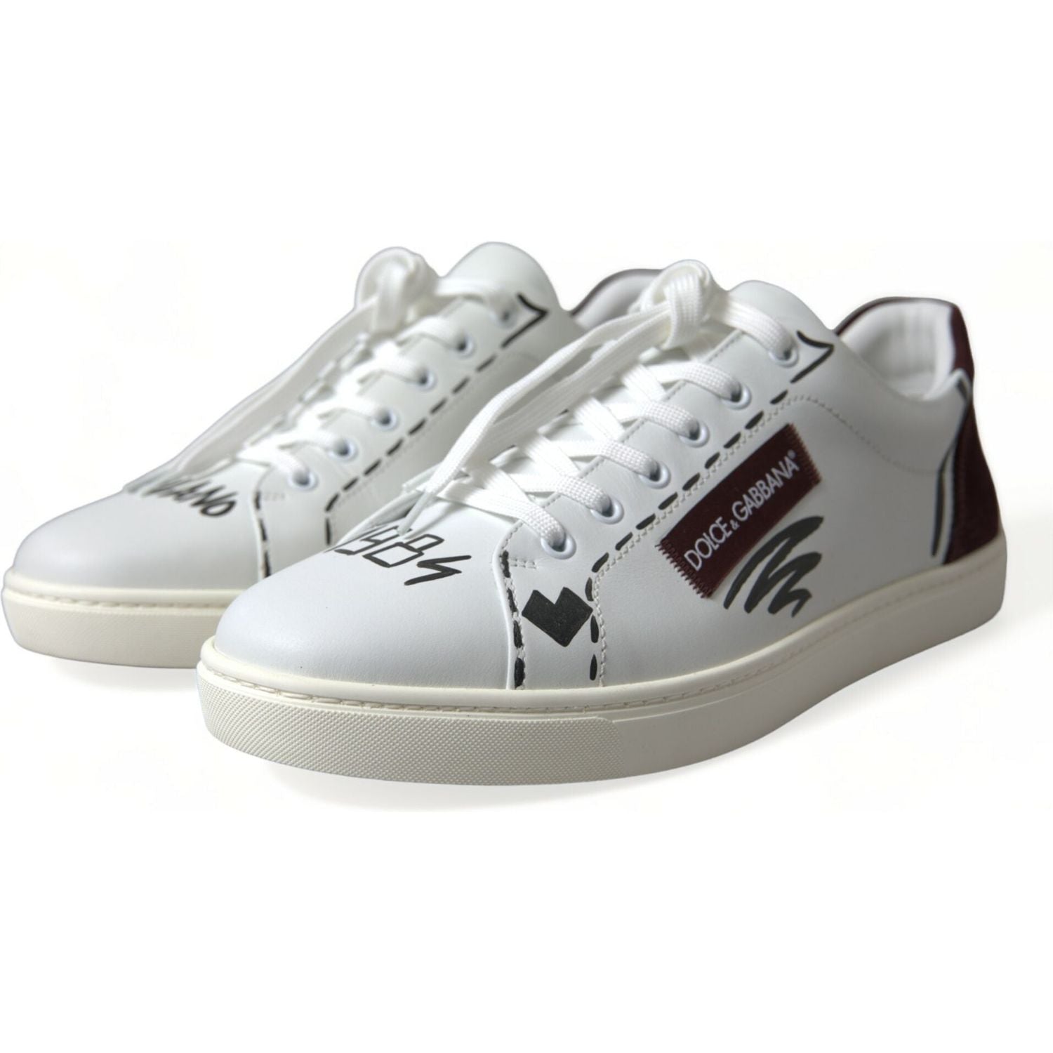 Dolce & Gabbana White Bordeaux Leather Logo Low Top Sneakers Shoes