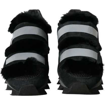 Dolce & Gabbana Black Fur Embellished Suede Sneakers Shoes