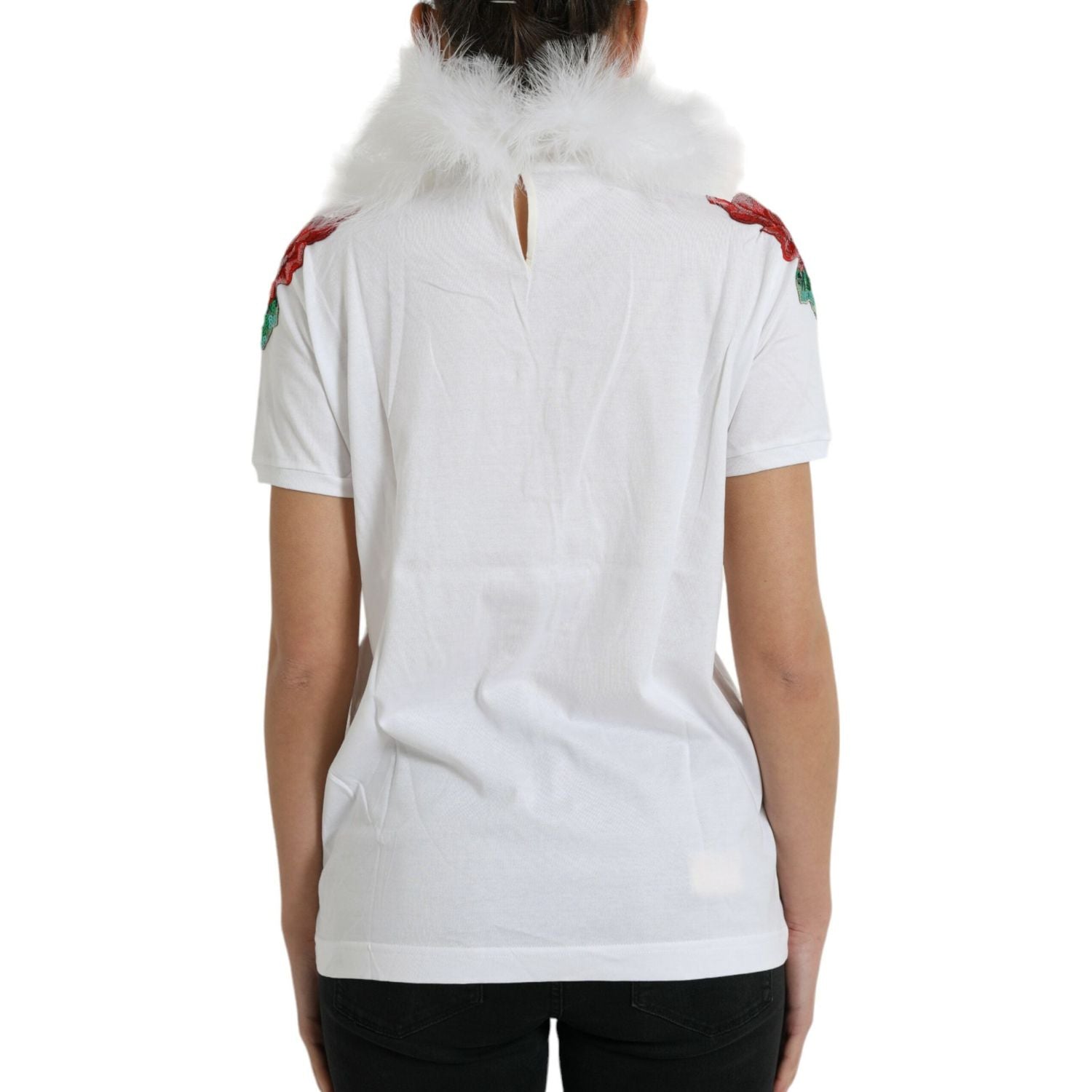 Dolce & Gabbana White Cotton Christmas Sequin Fur T-shirt
