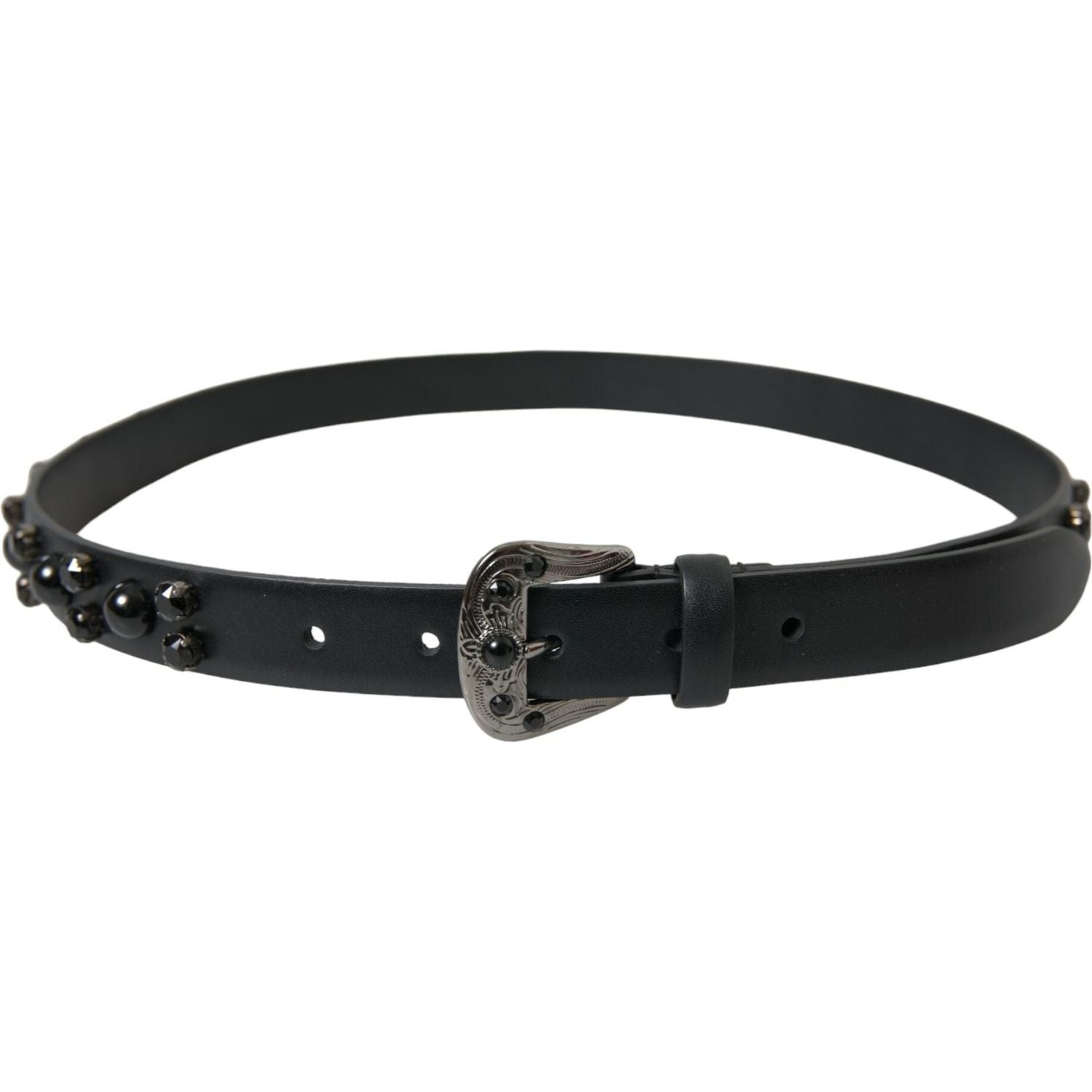 Dolce & Gabbana Black Embellished Leather Engraved Buckle Belt