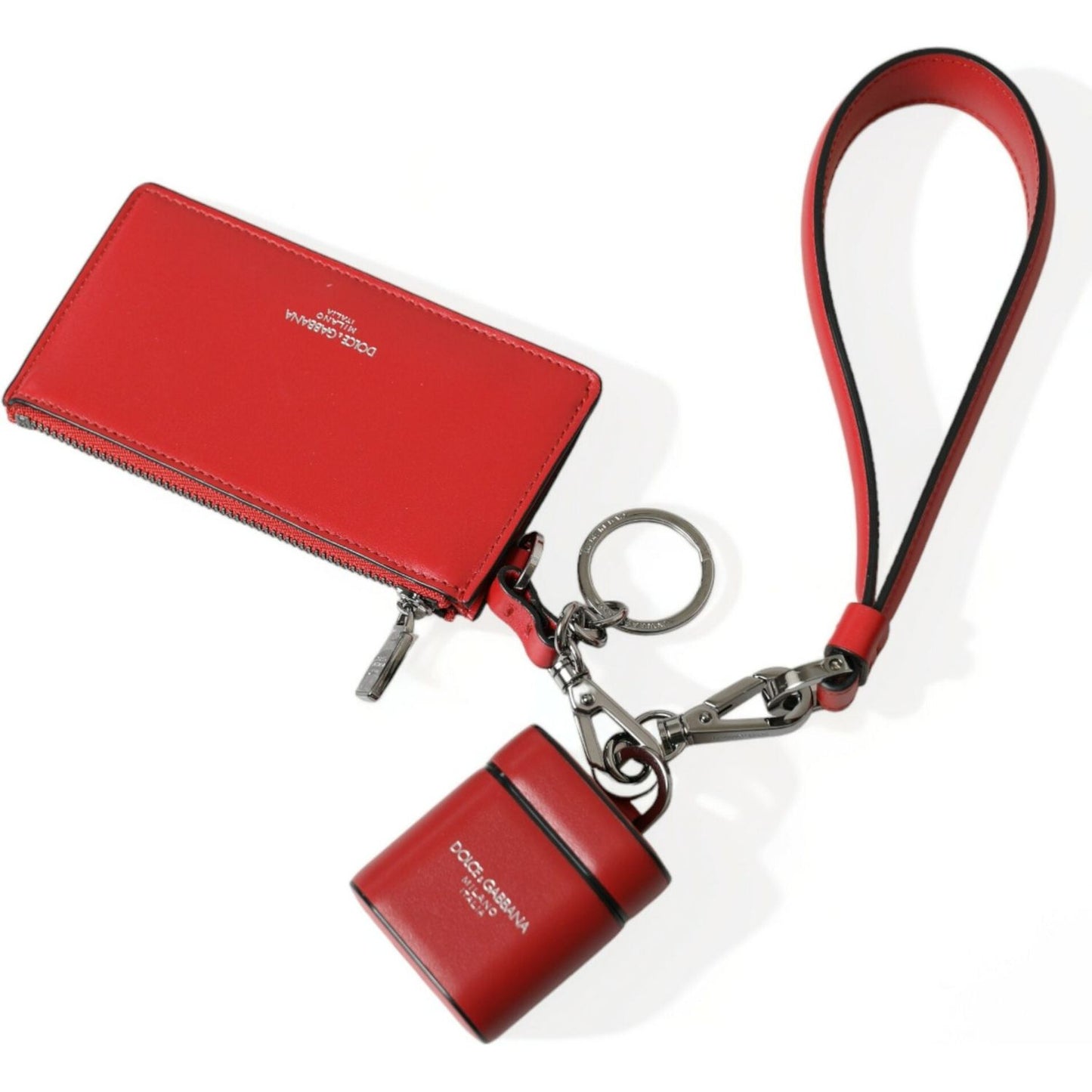 Dolce & Gabbana Red Leather Silver Metal Logo Strap Pouch Airpods Case