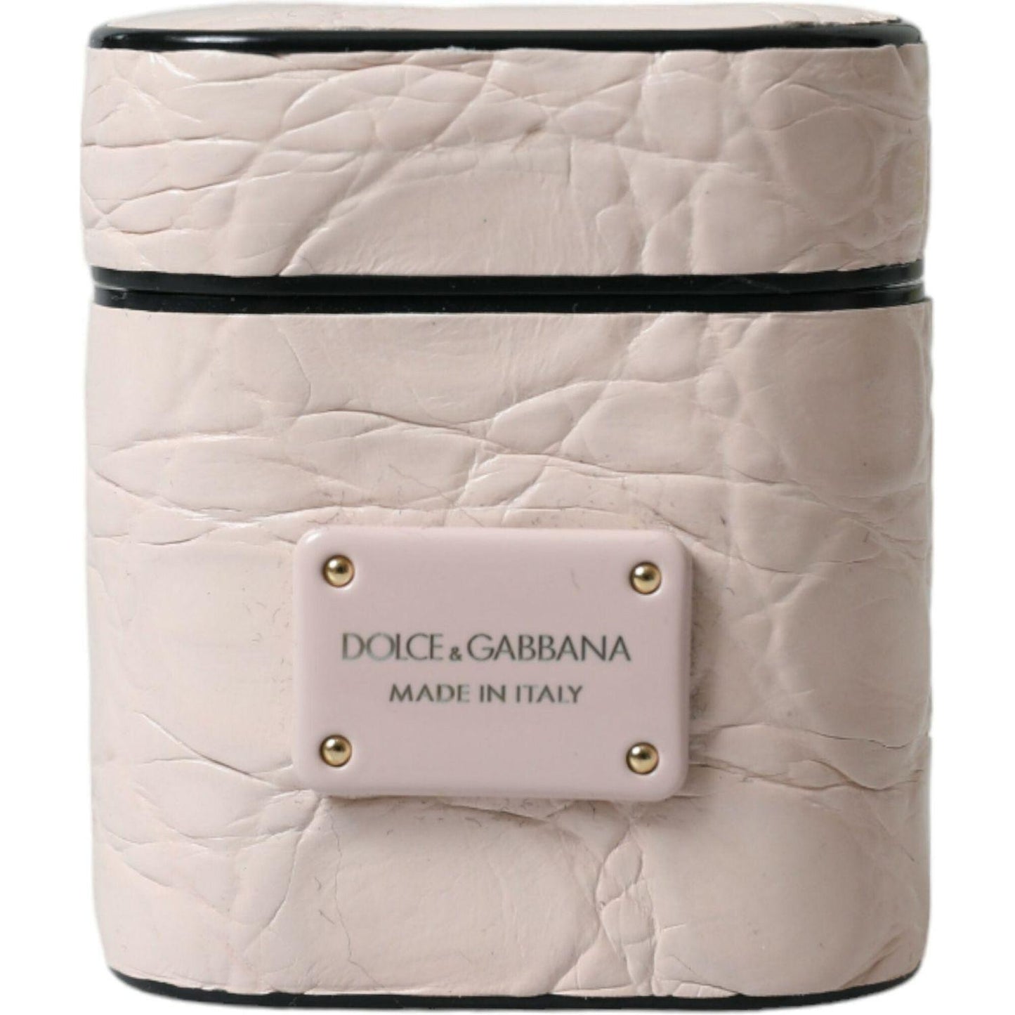 Dolce & Gabbana Light Pink Calf Leather Metal Logo Plaque Airpods Case