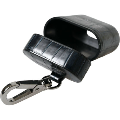 Dolce & Gabbana Black Crocodile Leather Silver Metal Logo Airpods Case