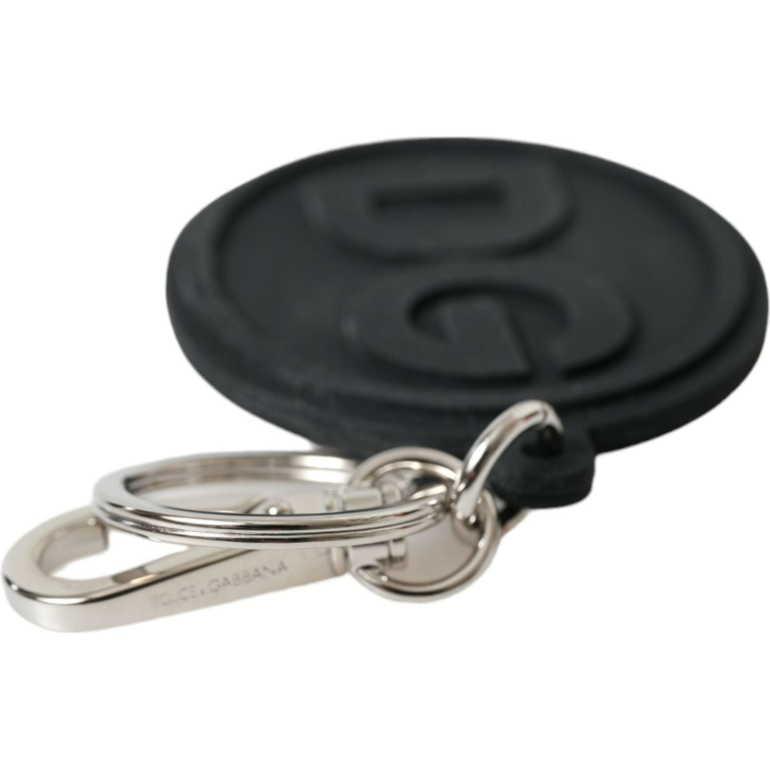 Dolce & Gabbana Black Rubber DG Logo Silver Brass Metal Keyring Keychain