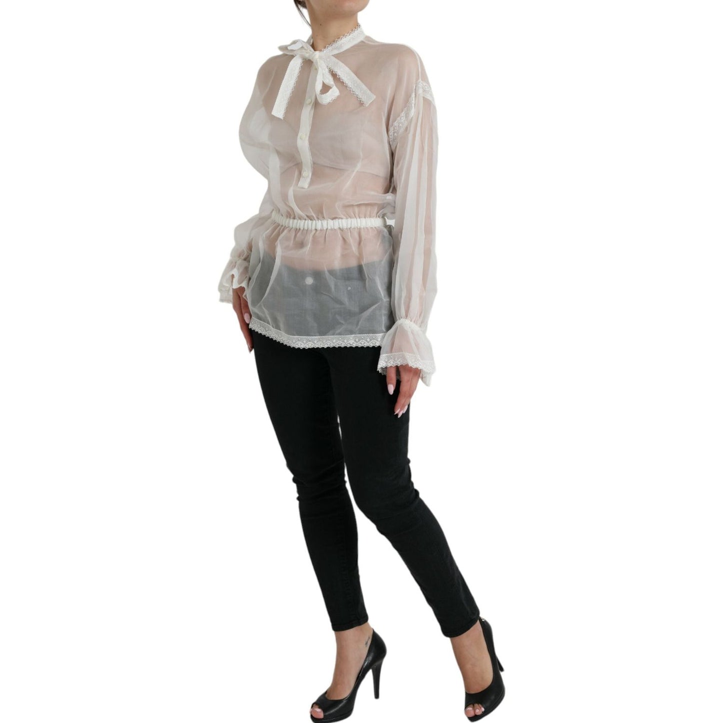 Dolce & Gabbana White Silk Long Sleeves Ascot Collar Top