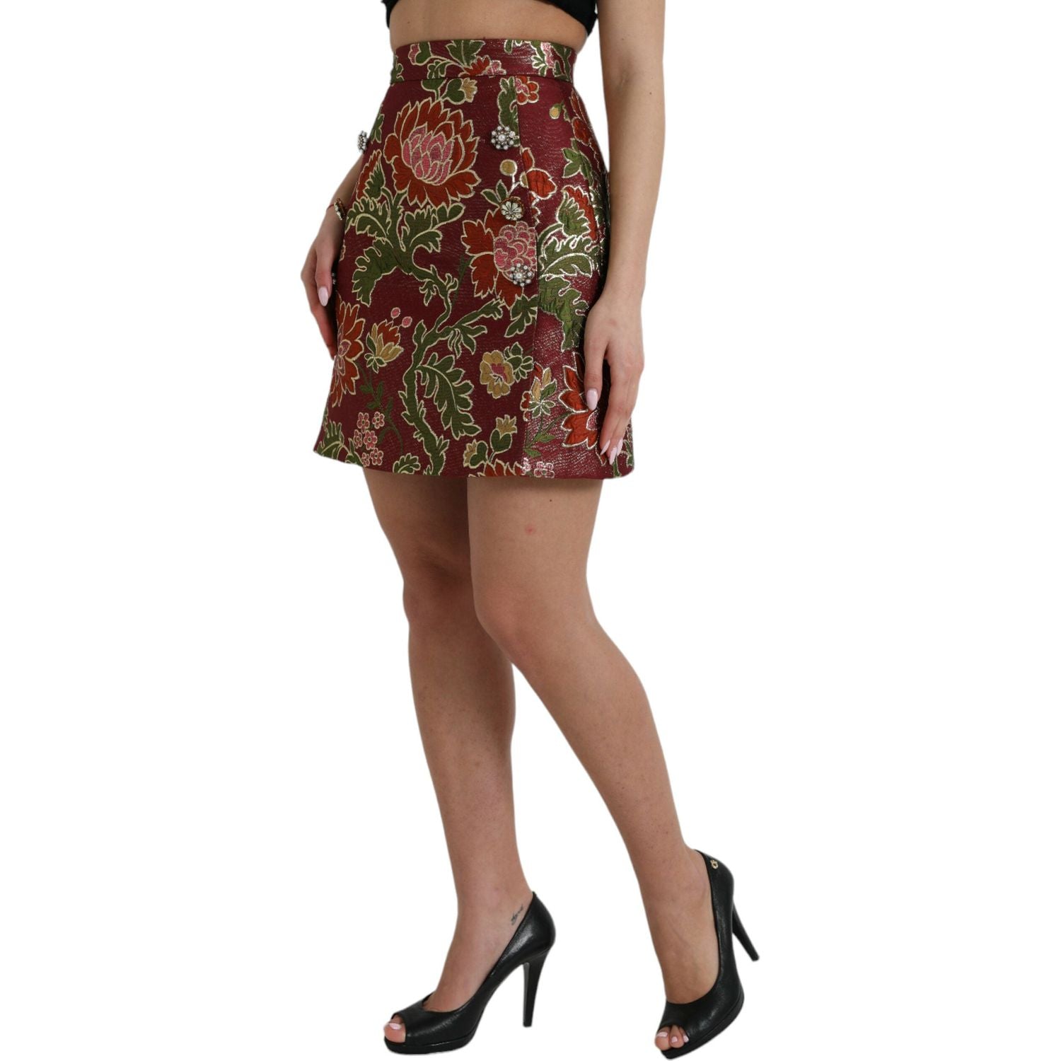 Dolce & Gabbana Maroon Floral Jacquard A-line Mini Skirt