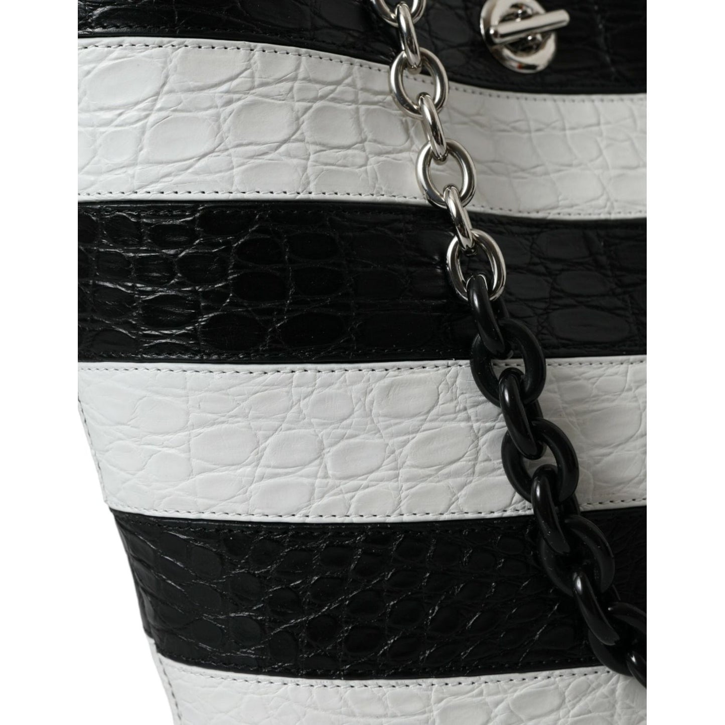 Balenciaga Black White Striped Exotic Skin Leather Maxi Bucket Tote Bag