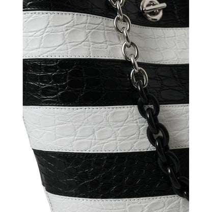 Balenciaga Black White Striped Exotic Skin Leather Maxi Bucket Tote Bag