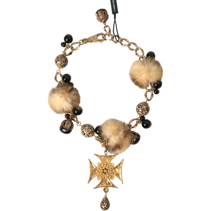 Dolce & Gabbana Gold Black Crystals Lapin Fur Filigree Chocker Necklace Necklace