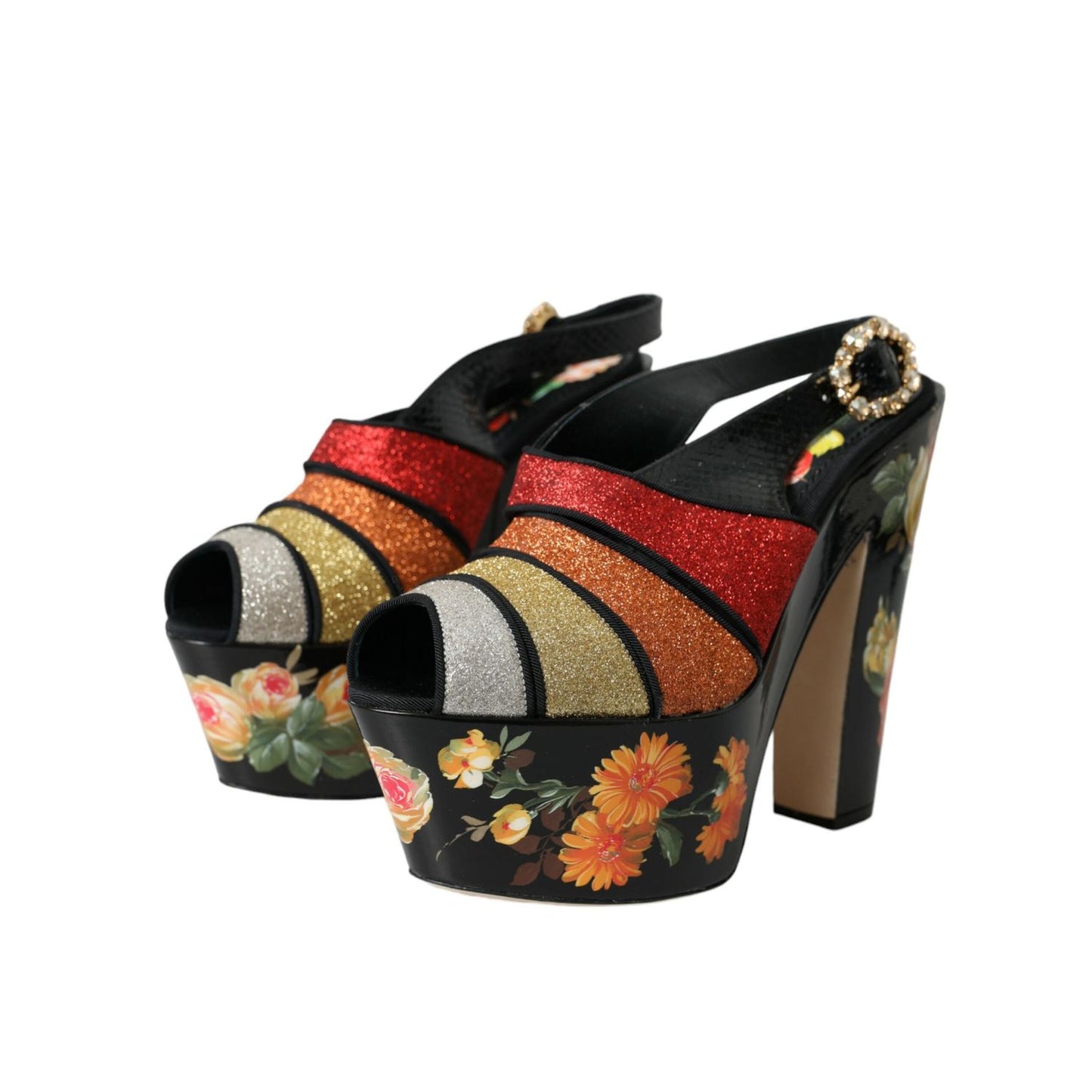Dolce & Gabbana Multicolor Floral Crystal Platform Sandals Shoes