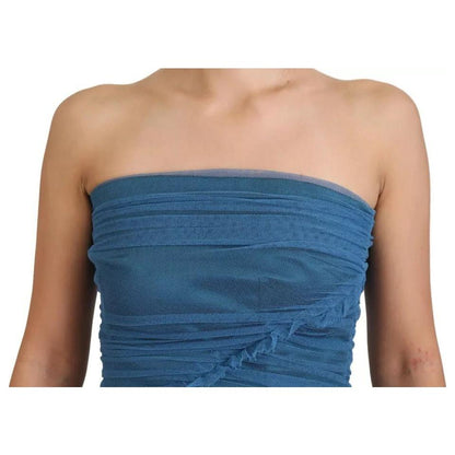 Dolce & Gabbana Blue Mesh Trim Ruched Tulle Sheath Dress