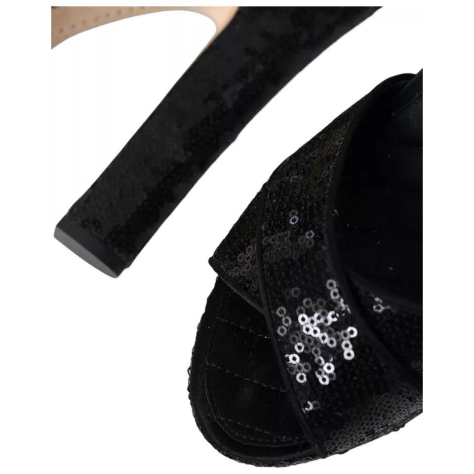 Dolce & Gabbana Black Sequin Ankle Strap Heels Sandals Shoes