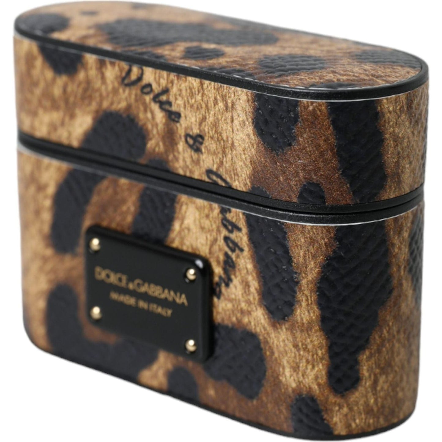 Dolce & Gabbana Brown Leopard Calf Leather Metal Logo Plaque Airpods Case