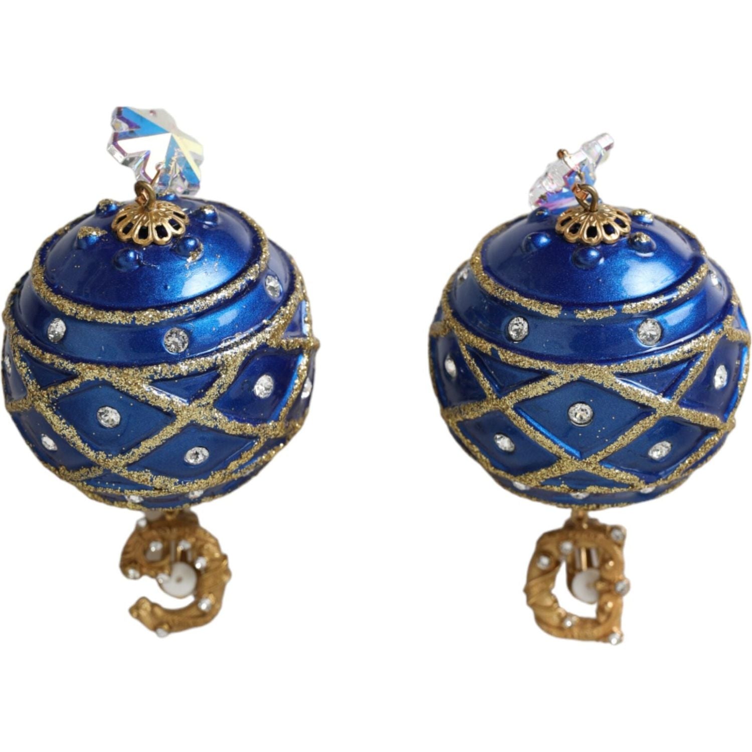 Dolce & Gabbana Gold Brass Blue Dangle Christmas Ball Crystal Clip On Earrings