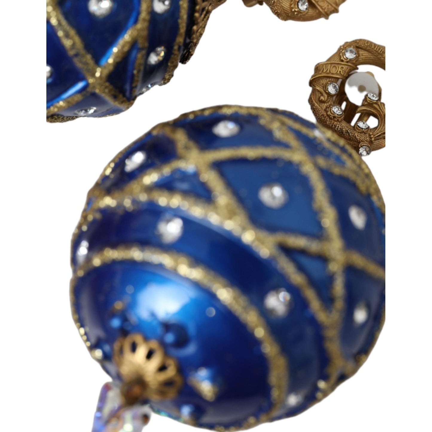 Dolce & Gabbana Gold Brass Blue Dangle Christmas Ball Crystal Clip On Earrings