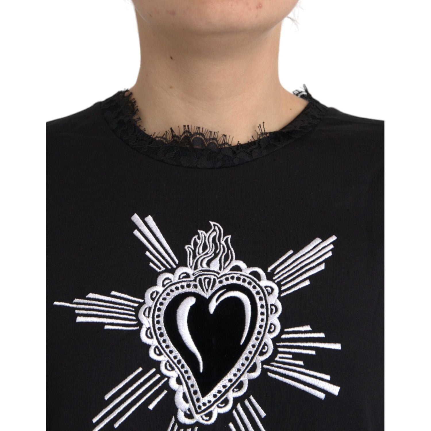Dolce & Gabbana Black Sacred Heart Print Cotton Lace T-shirt